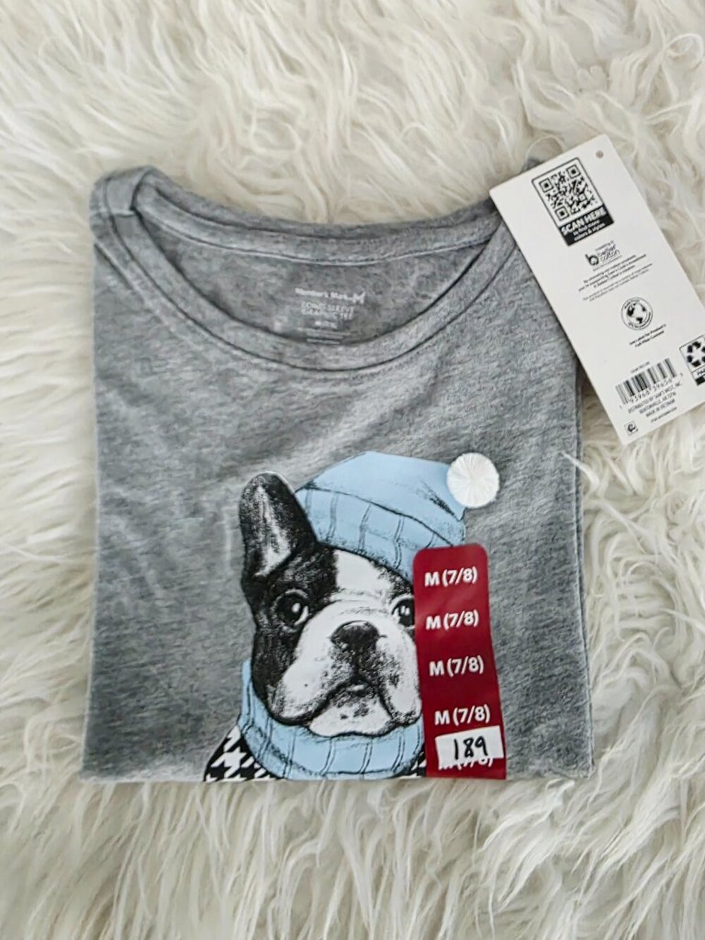 NWT Member's Mark Girl's Long Sleeve Tee "tres chic" Dog with Applique - M (7-8)